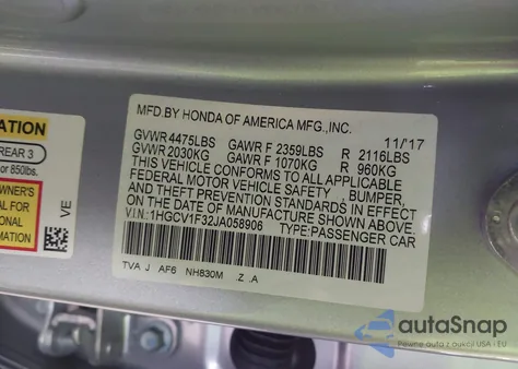 2018 Honda Accord Sport from USA, damaged, VIN 1HGCV1F32JA058906